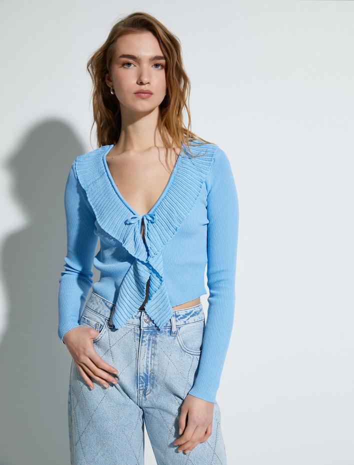  Crop Triko Hırka Fırfırlı V Yaka Bağlama Detaylı