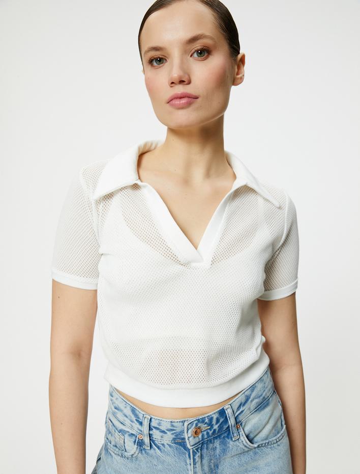  Crop File Tişört Polo Yaka Kısa Kollu