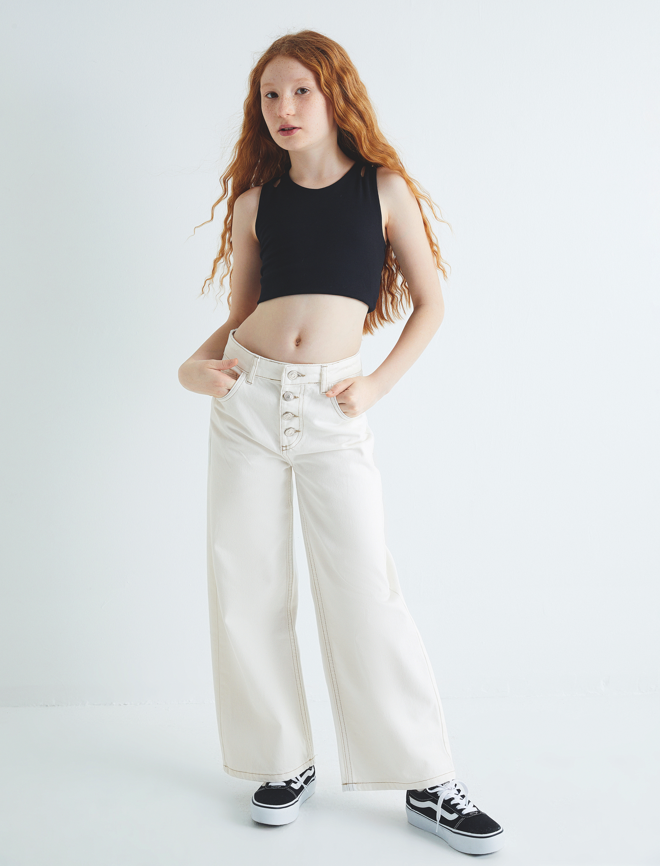  Kız Çocuk Kot Pantolon Düğme Detaylı Pamuklu - Wide Leg Jean