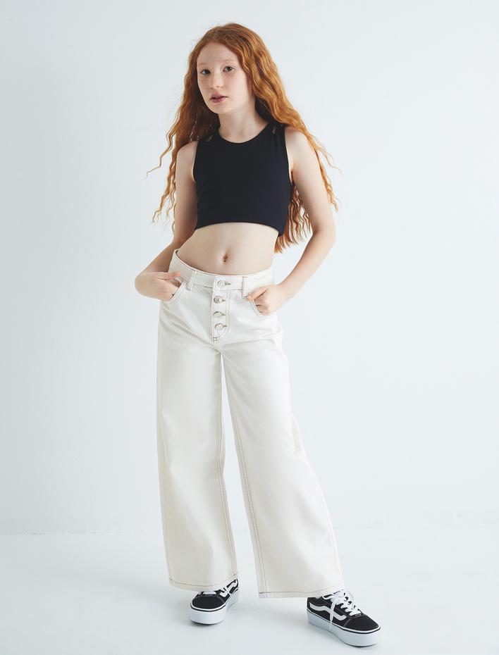 Kız Çocuk Kot Pantolon Düğme Detaylı Pamuklu - Wide Leg Jean