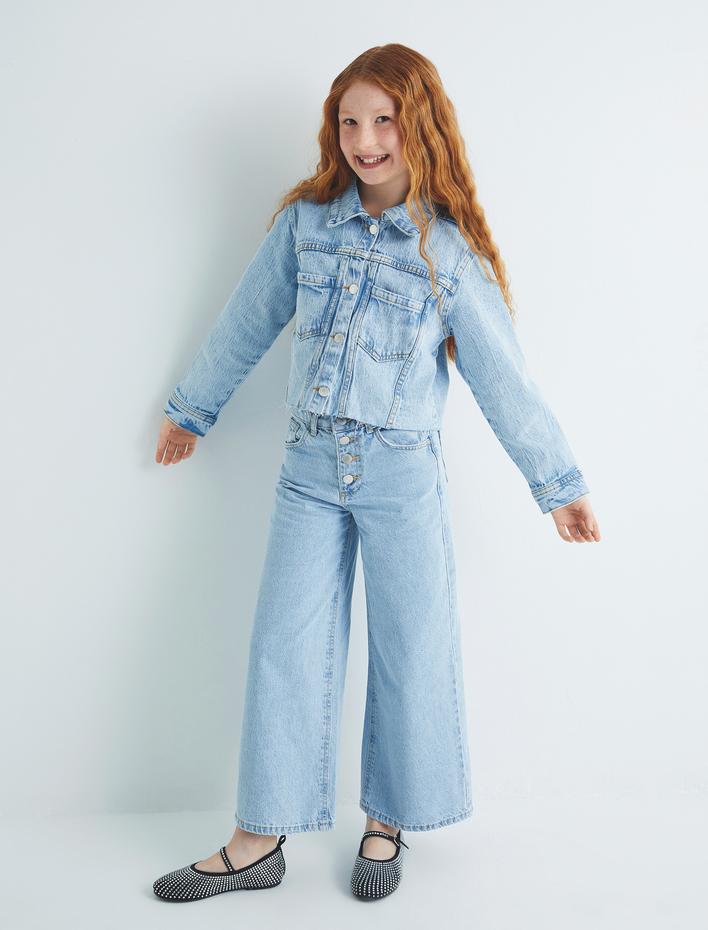 Kız Çocuk Bol Paça Kot Pantolon Cep Detaylı Pamuklu - Wide Leg Jean