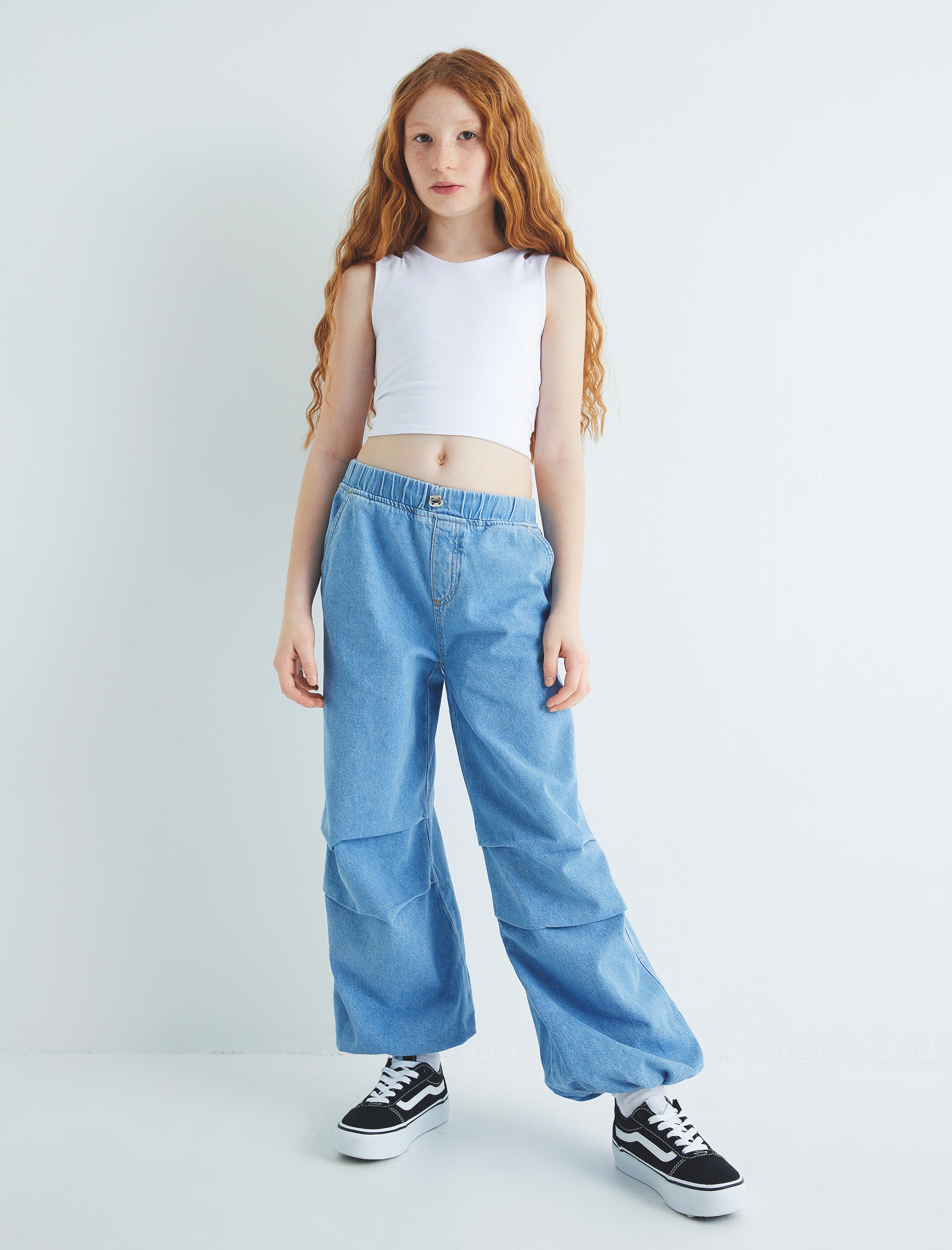  Kız Çocuk Paraşüt Jogger Kot Pantolon Pamuklu Beli Lastikli Cepli - Parachute Jean