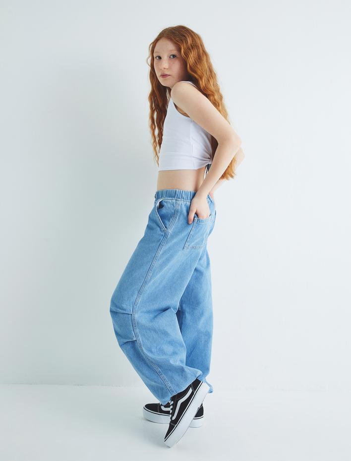 Kız Çocuk Paraşüt Jogger Kot Pantolon Pamuklu Beli Lastikli Cepli - Parachute Jean