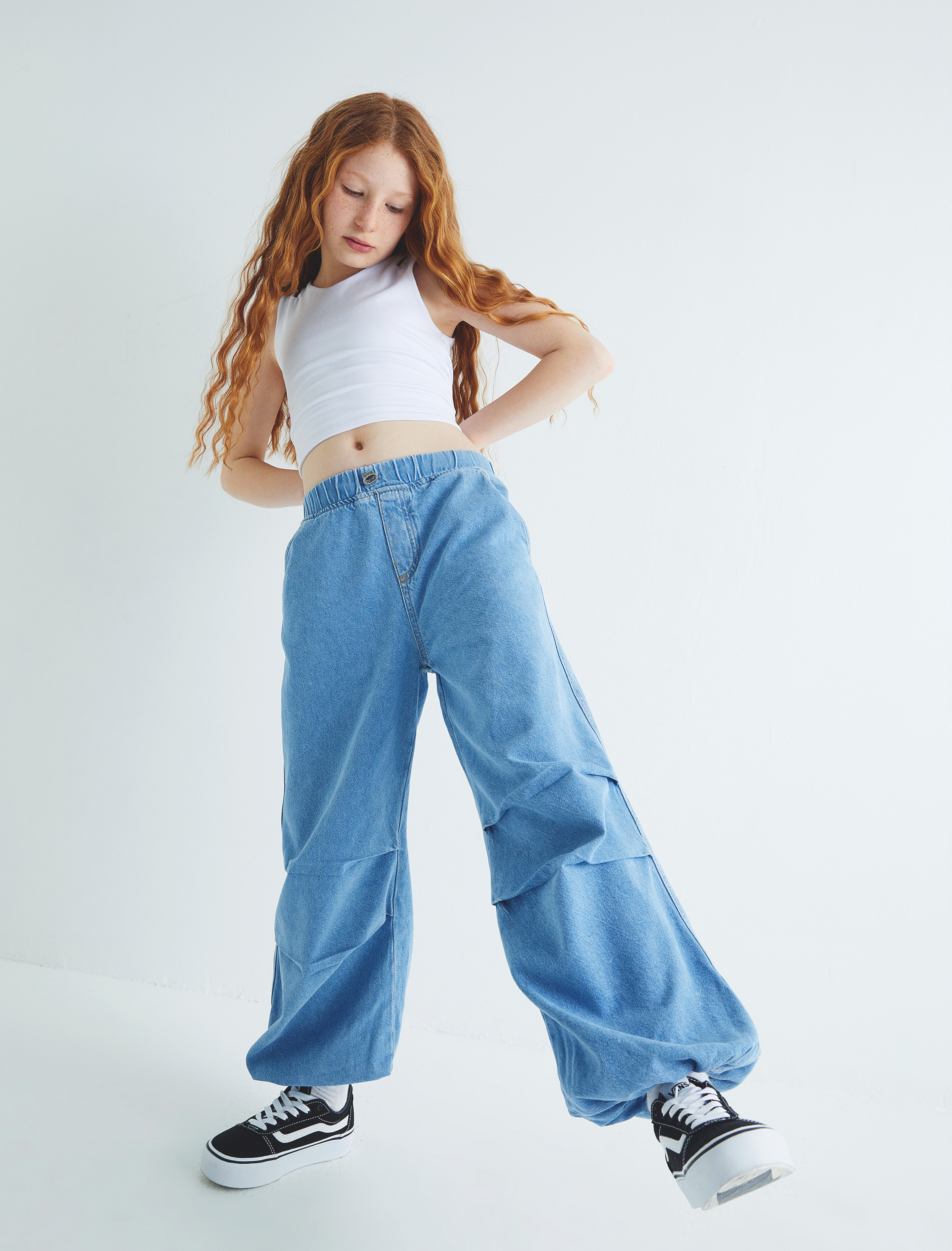  Kız Çocuk Paraşüt Jogger Kot Pantolon Pamuklu Beli Lastikli Cepli - Parachute Jean