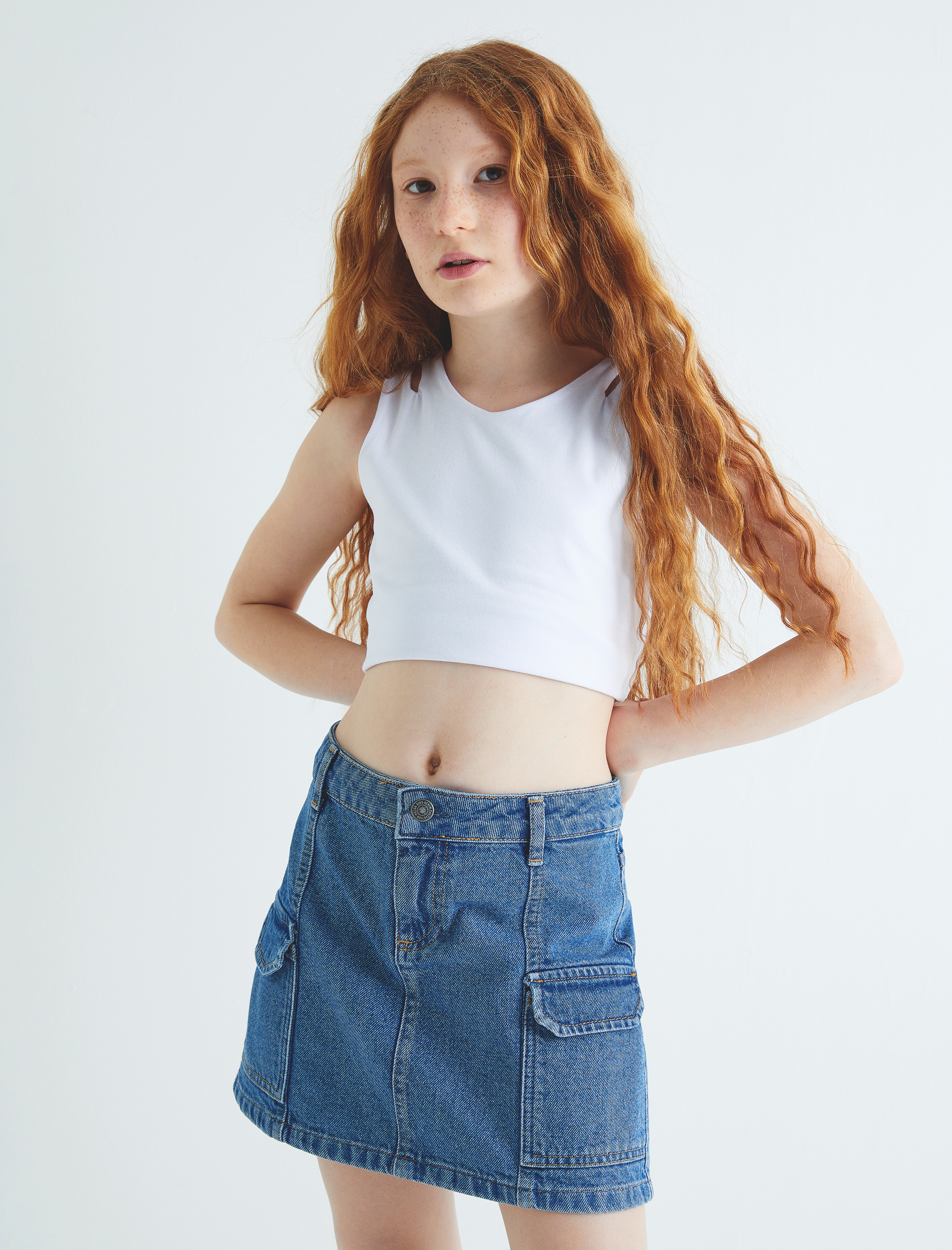  Kız Çocuk Kargo Mini Kot Etek Kapaklı Cep Detaylı Pamuklu