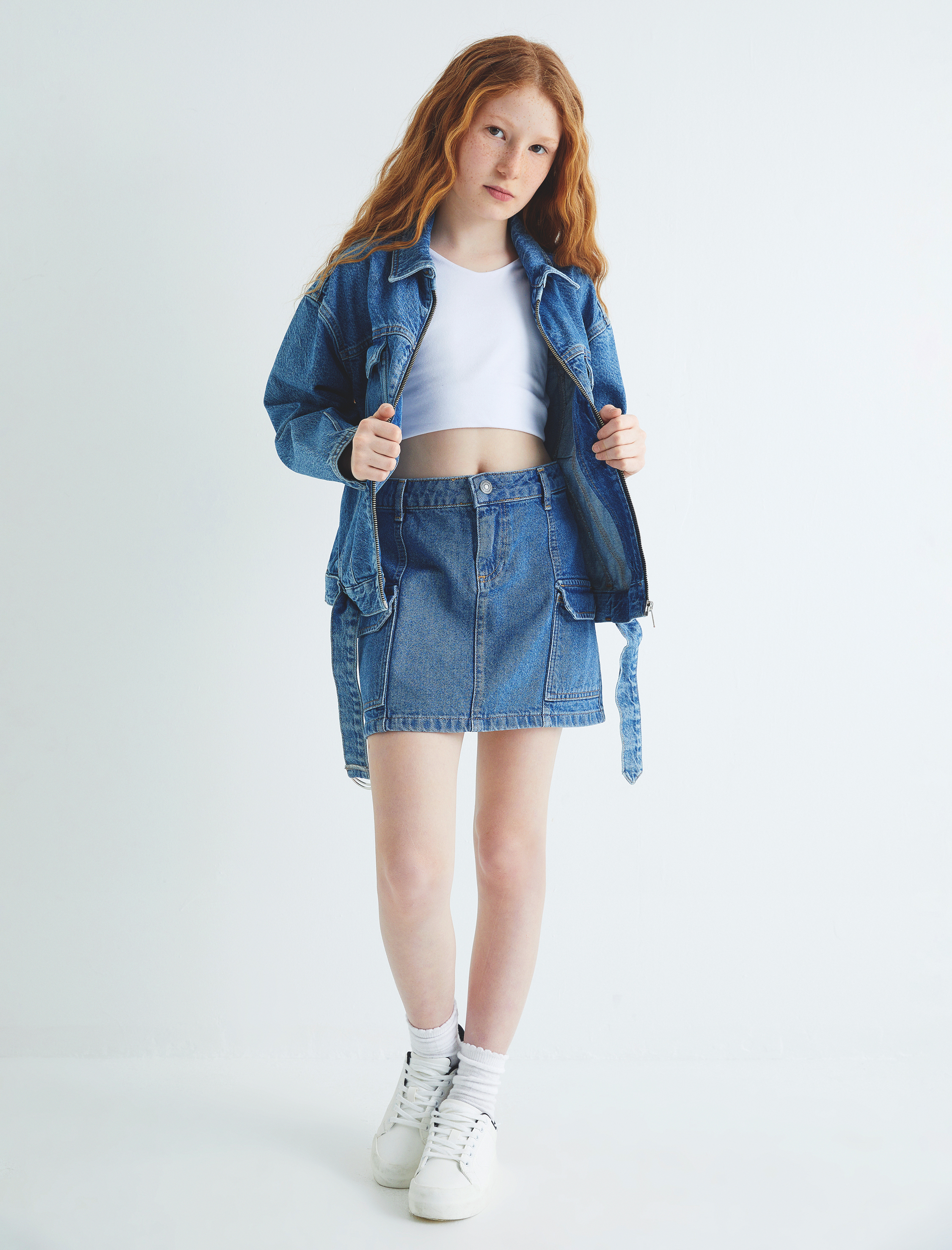  Kız Çocuk Kargo Mini Kot Etek Kapaklı Cep Detaylı Pamuklu