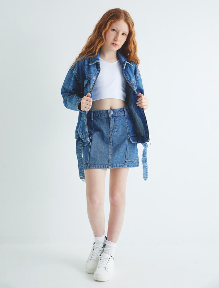 Kız Çocuk Kargo Mini Kot Etek Kapaklı Cep Detaylı Pamuklu