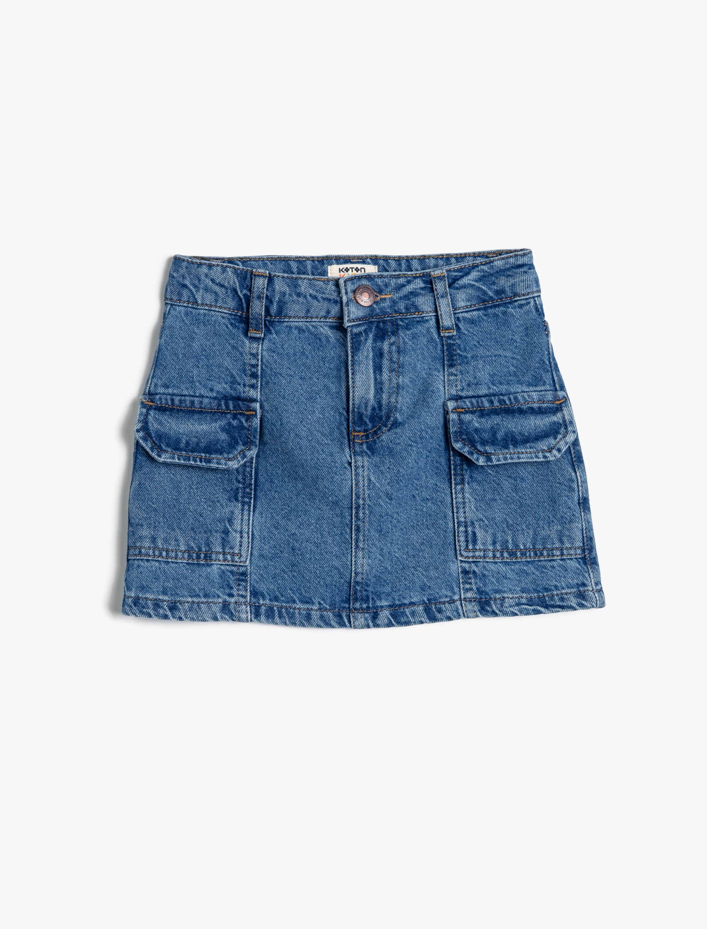  Kız Çocuk Kargo Mini Kot Etek Kapaklı Cep Detaylı Pamuklu