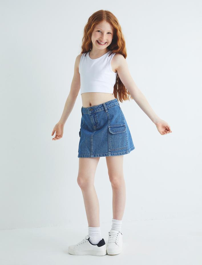 Kız Çocuk Kargo Mini Kot Etek Kapaklı Cep Detaylı Pamuklu