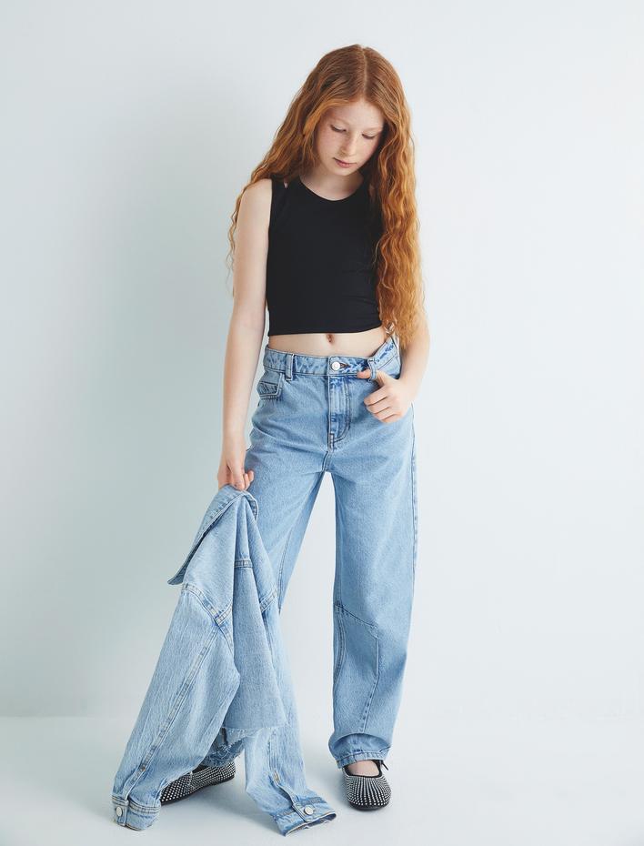 Kız Çocuk Crop Kot Pantolon Dikiş Detaylı Cepli Pamuklu