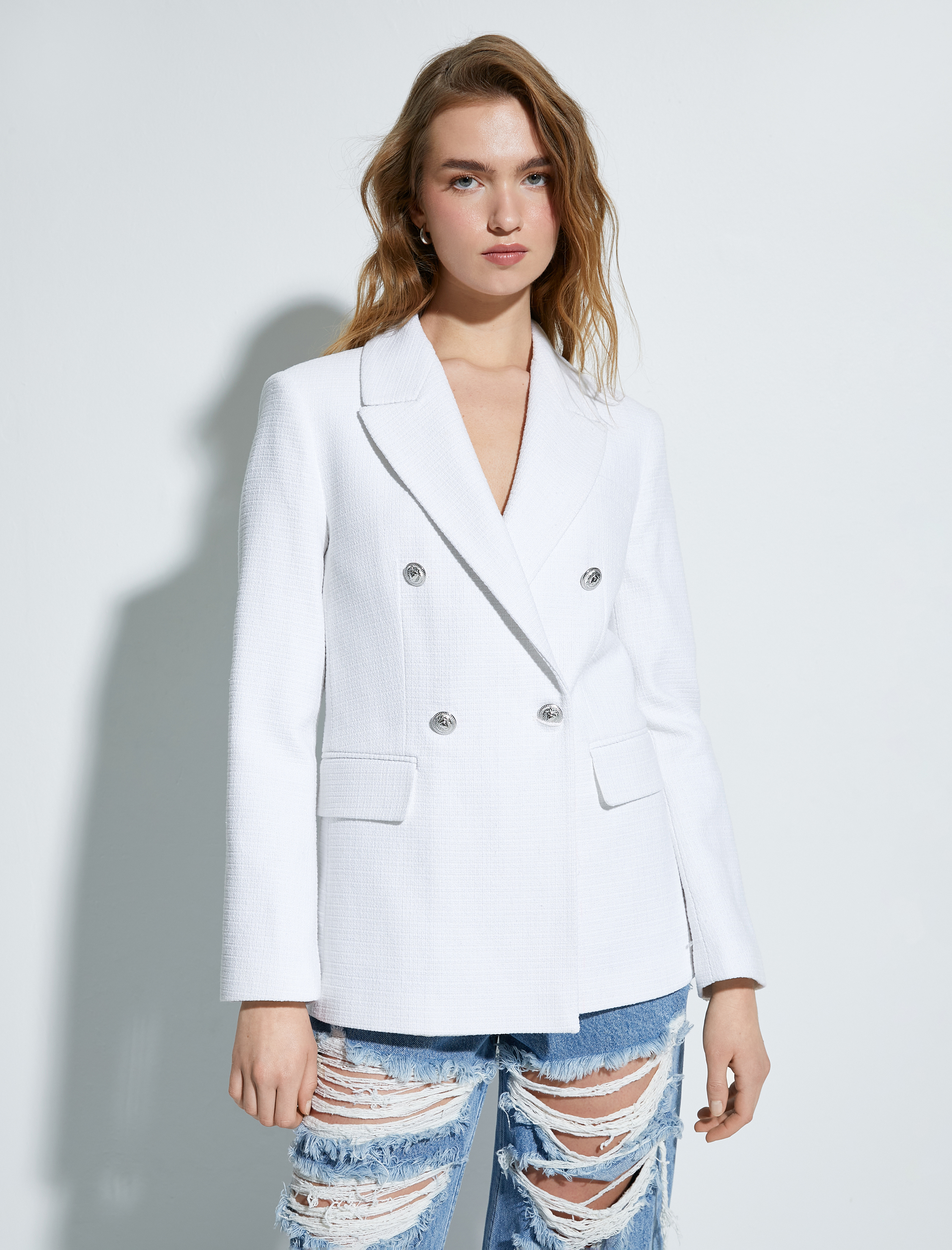   Tüvit Blazer Ceket Kruvaze Düğmeli Cepli