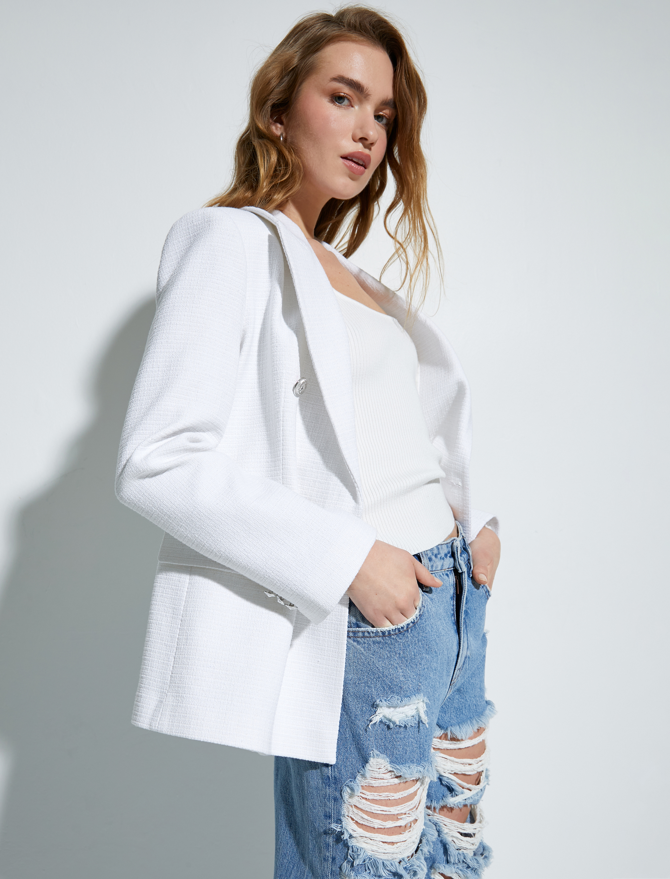   Tüvit Blazer Ceket Kruvaze Düğmeli Cepli