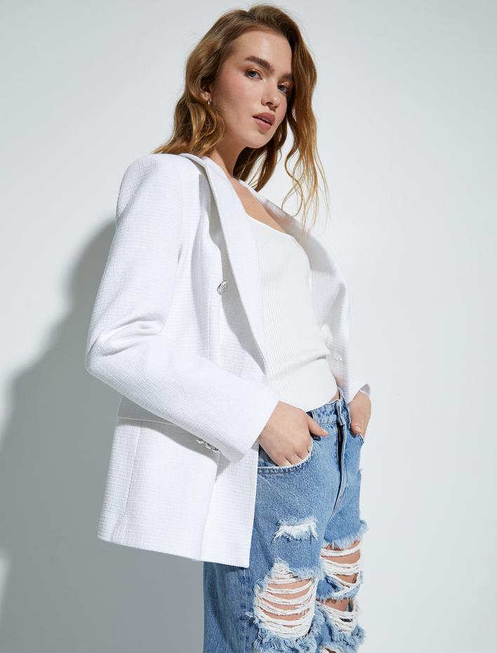  Tüvit Blazer Ceket Kruvaze Düğmeli Cepli