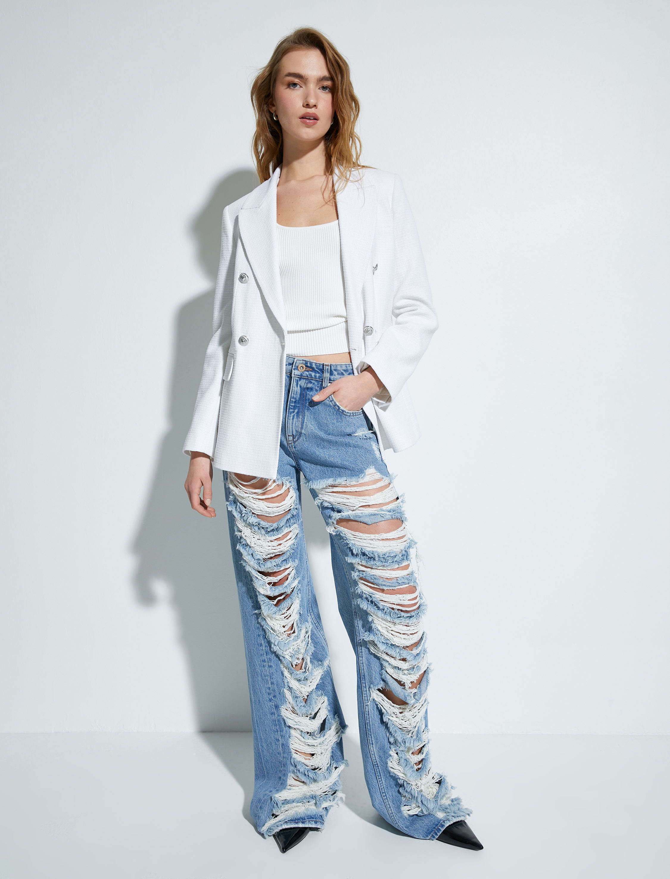   Tüvit Blazer Ceket Kruvaze Düğmeli Cepli