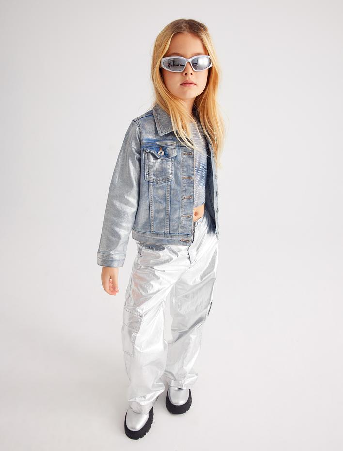 Kız Çocuk Varaklı Parlak Kargo Pantolon Cep Detaylı