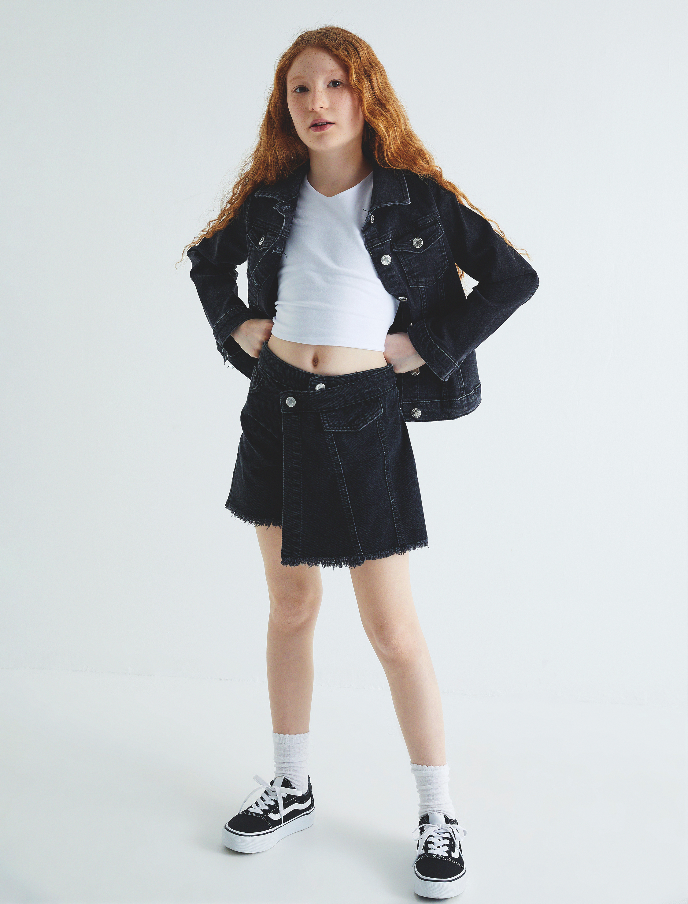 Kız Çocuk Kot Şort Etek Cepli Düğmeli Kruvaze Pamuklu Beli Lastikli