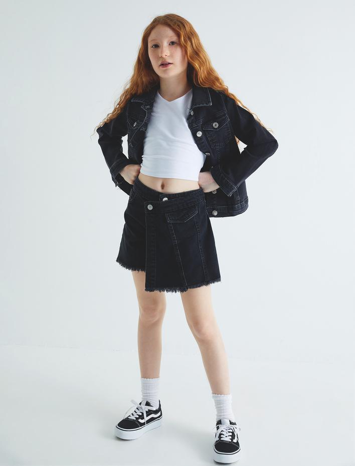 Kız Çocuk Kot Şort Etek Cepli Düğmeli Kruvaze Pamuklu Beli Lastikli