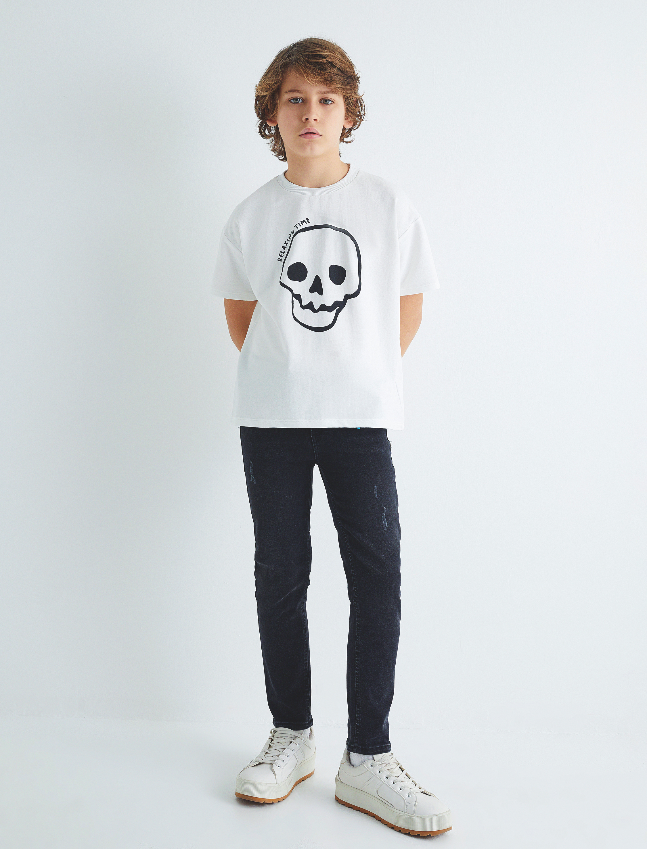  Erkek Çocuk Tişört Kuru Kafa Baskılı Kısa Kollu Bisiklet Yaka Pamuklu