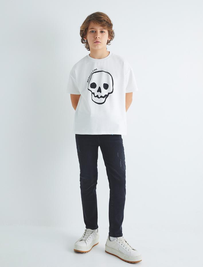 Erkek Çocuk Tişört Kuru Kafa Baskılı Kısa Kollu Bisiklet Yaka Pamuklu