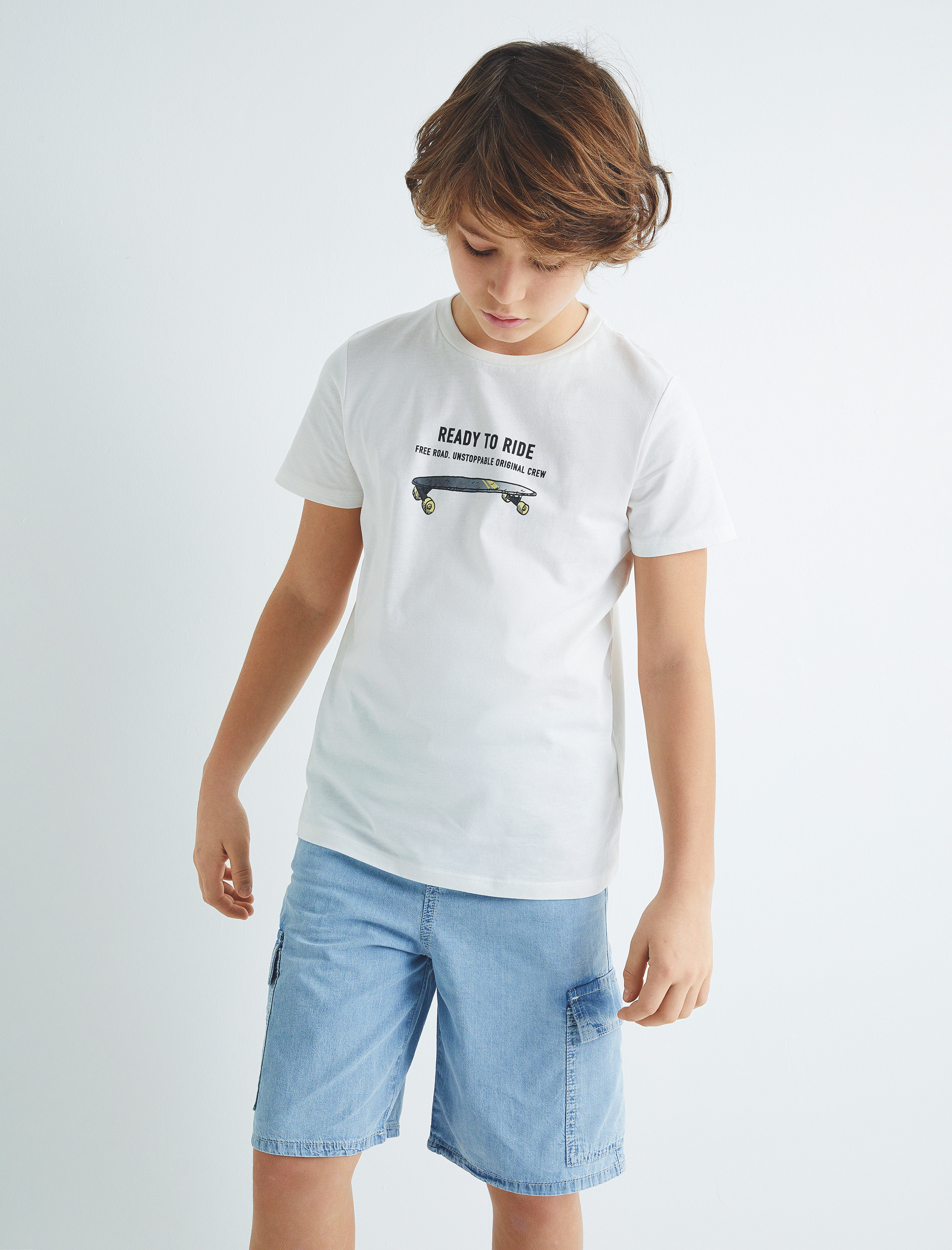  Erkek Çocuk Tişört Kaykay Baskılı Kısa Kollu Pamuklu