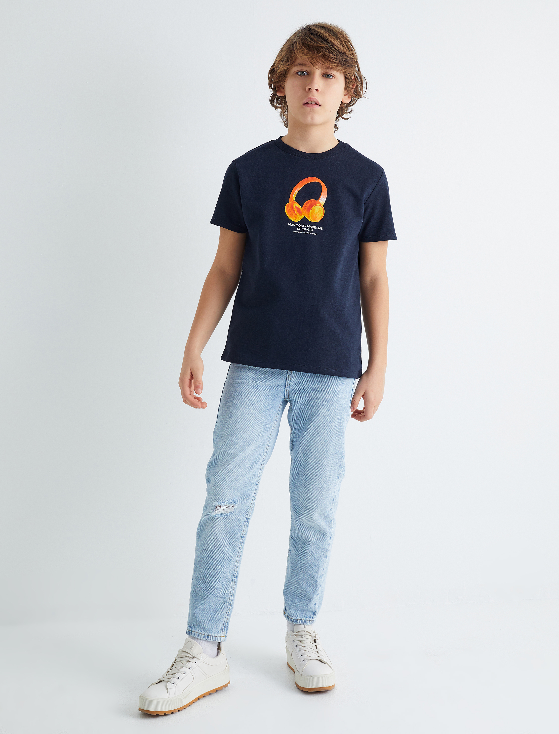  Erkek Çocuk Kot Pantolon Pamuklu Yıpratılmış Detaylı Beli Ayarlanabilir Lastikli