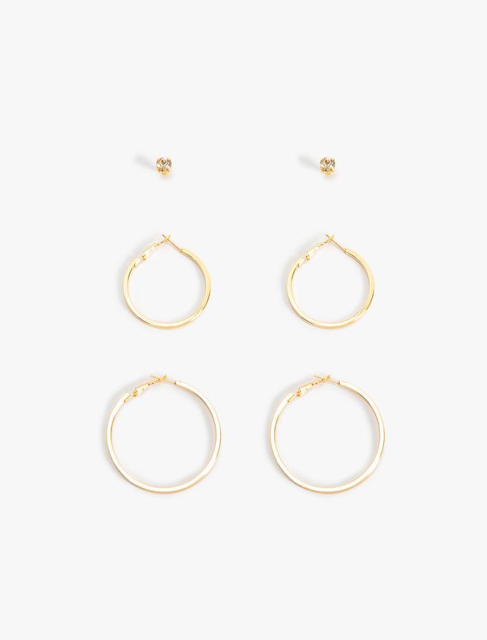 Kadın Top ve Halka Küpe Seti 3'lü Taş Detaylı Çelik Karışımlı