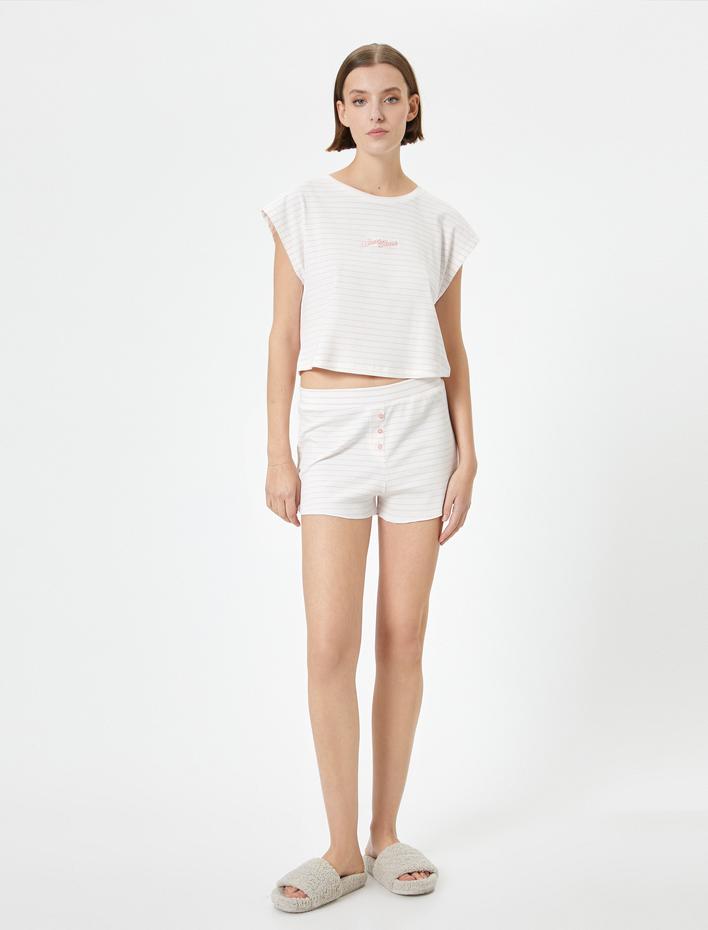  Crop Pijama Üstü Kısa Kollu Bisiklet Yaka Nakışlı Fitilli Viskon Karışımlı