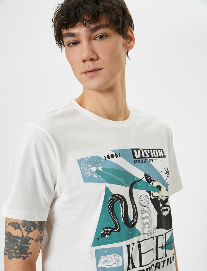  Slogan Baskılı Tişört Bisiklet Yaka Kısa Kollu Pamuklu