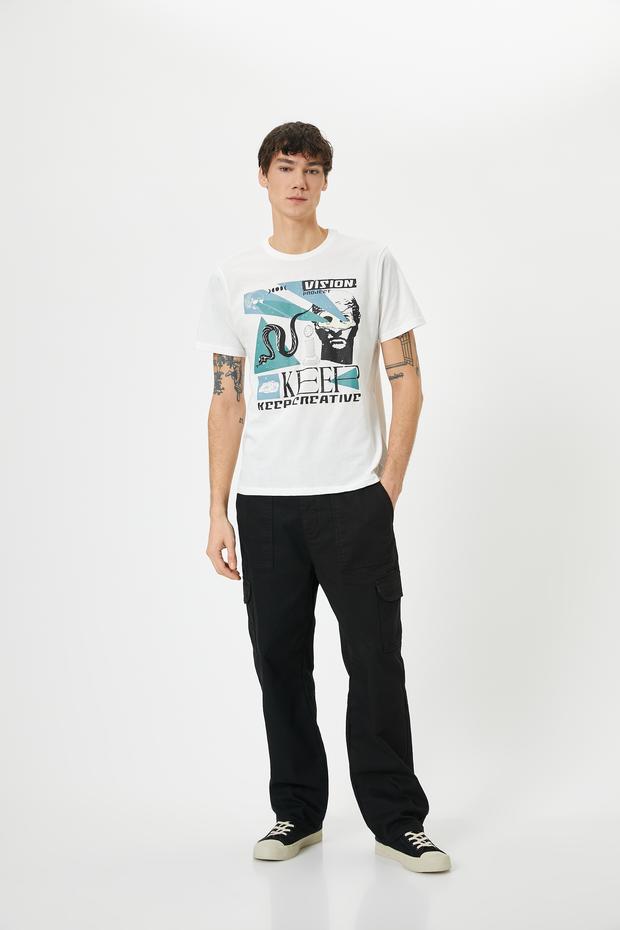  Slogan Baskılı Tişört Bisiklet Yaka Kısa Kollu Pamuklu