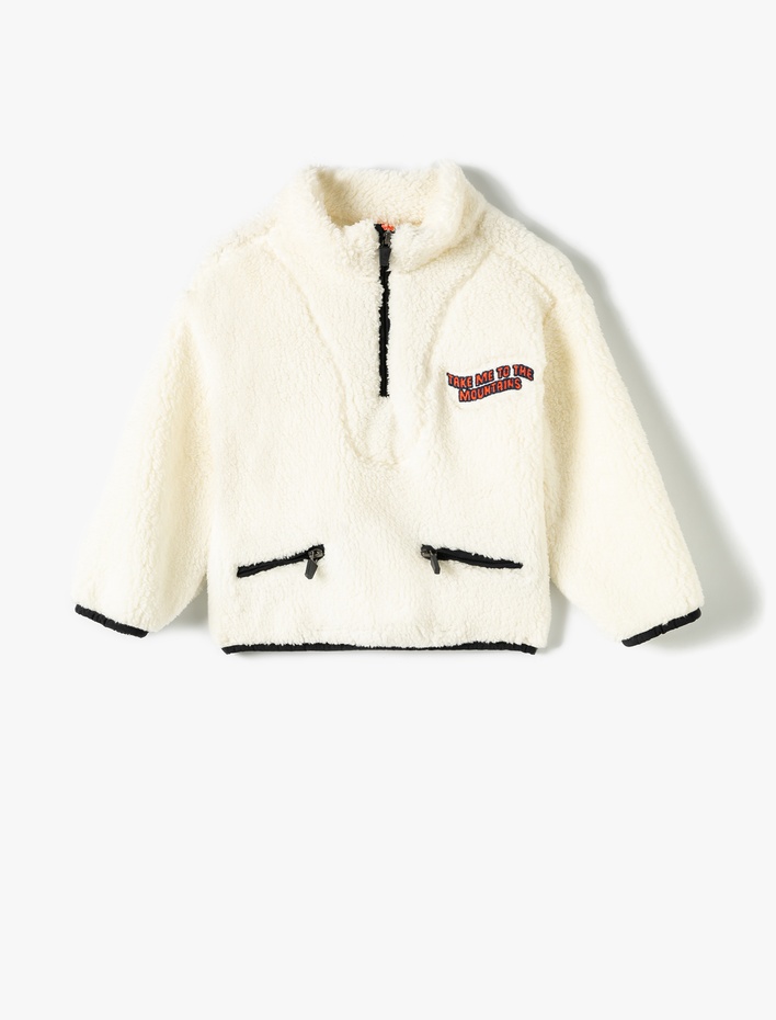 Erkek Bebek Peluş Sweat Dik Yaka Yarım Fermuar Detaylı Cepli