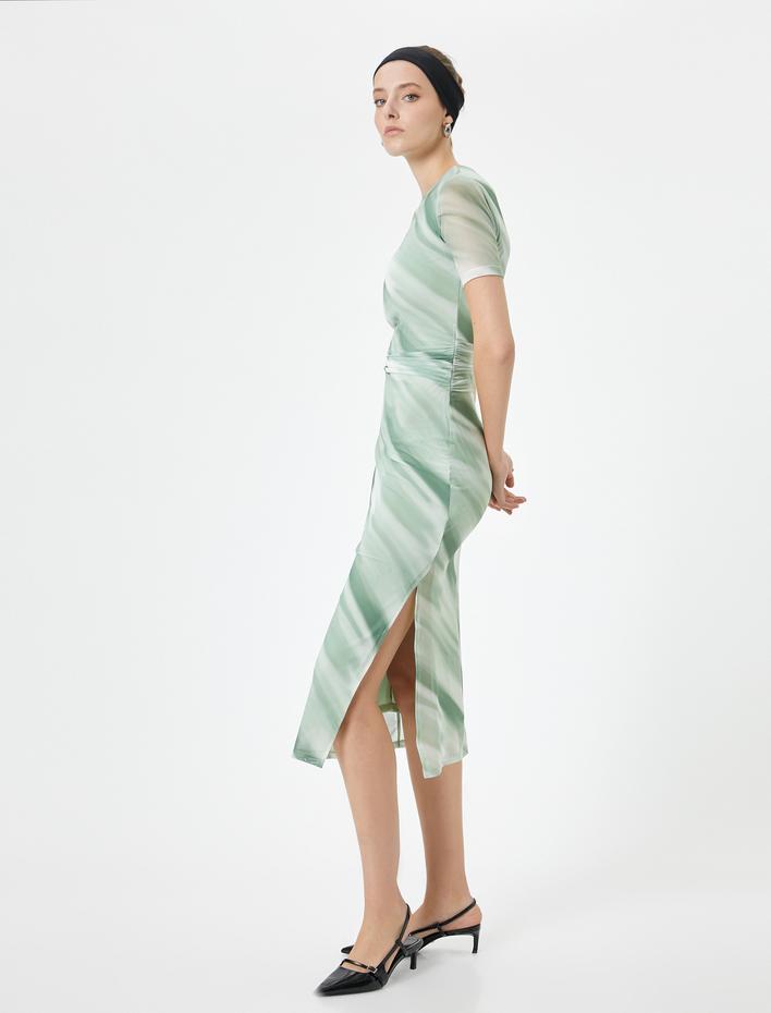  Midi Bodycon Elbise Kısa Kollu Bisiklet Yaka Yırtmaçlı