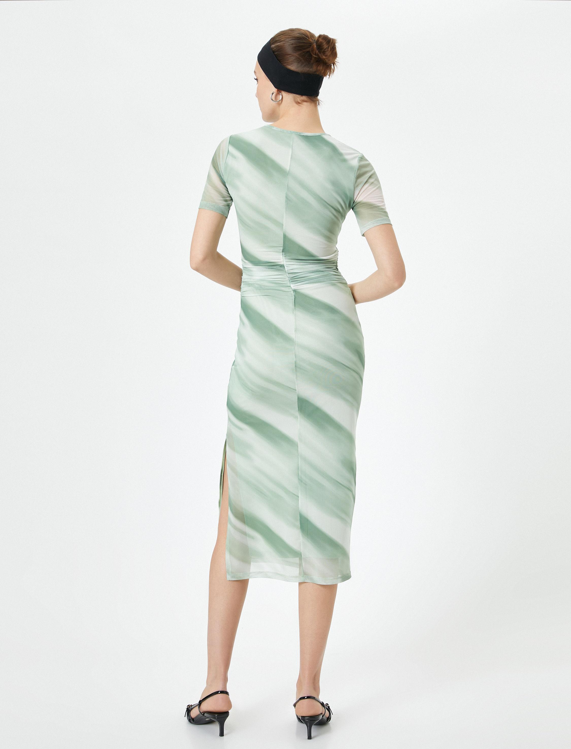   Midi Bodycon Elbise Kısa Kollu Bisiklet Yaka Yırtmaçlı