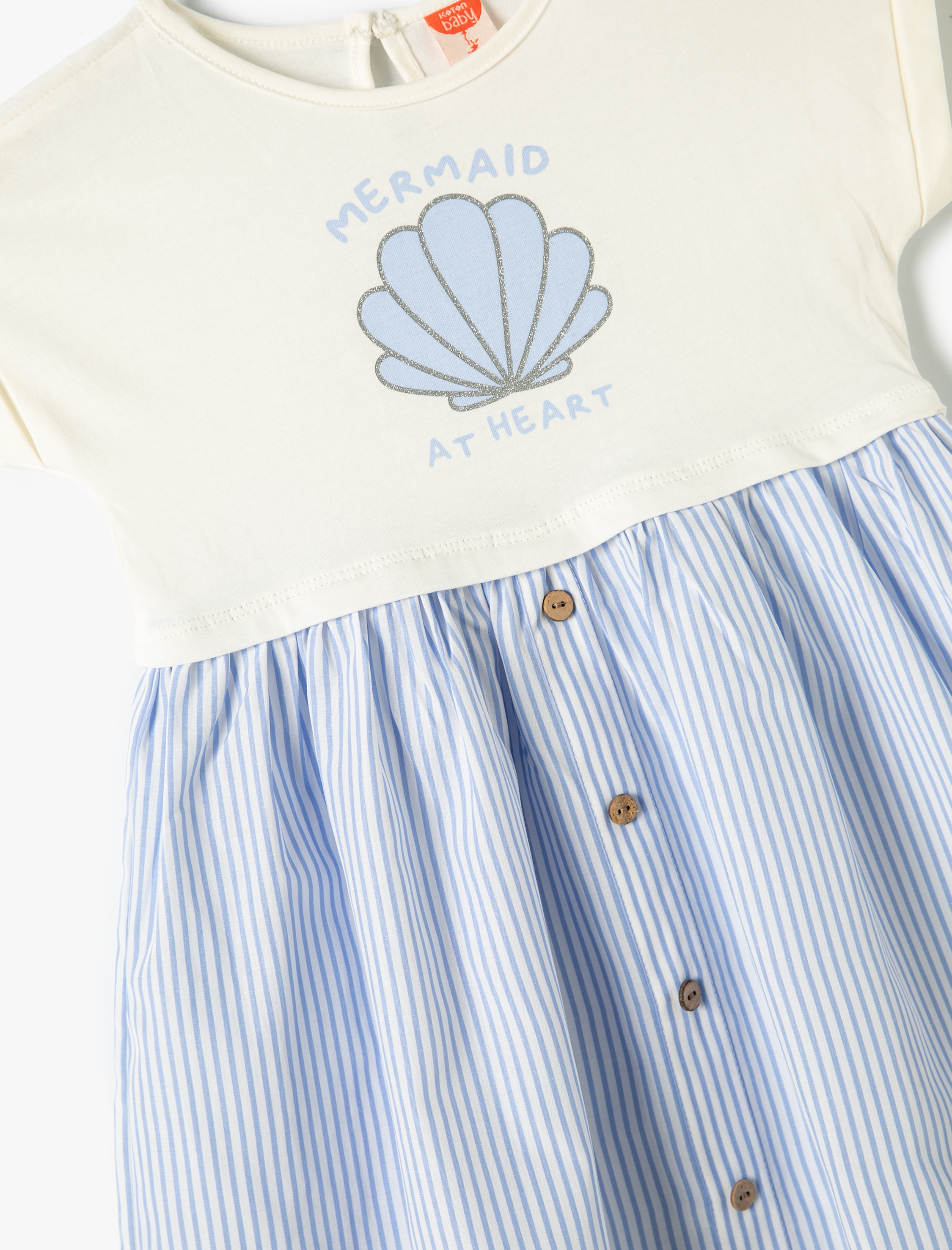  Kız Bebek Çizgili Elbise Kısa Kollu Bisiklet Yaka Pamuklu Düğmeli