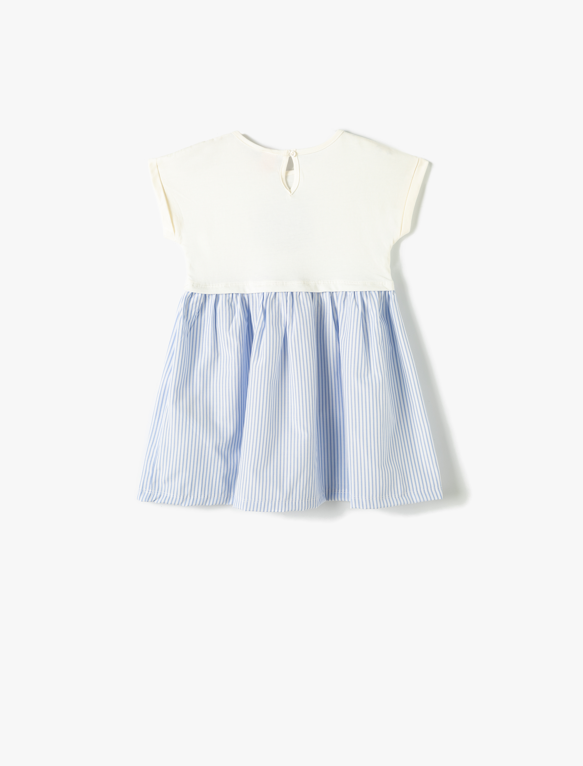  Kız Bebek Çizgili Elbise Kısa Kollu Bisiklet Yaka Pamuklu Düğmeli