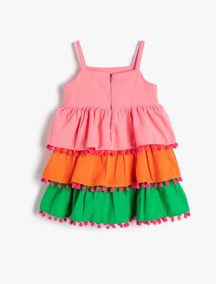 Kız Bebek Parti Elbisesi Renk Bloklu Katlı Askılı Ponpon Detaylı Pamuklu