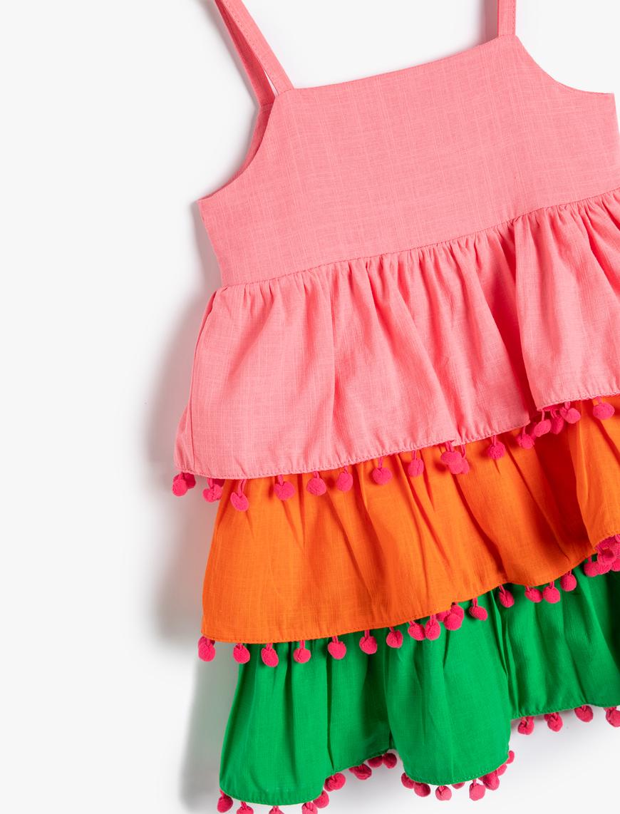  Kız Bebek Parti Elbisesi Renk Bloklu Katlı Askılı Ponpon Detaylı Pamuklu