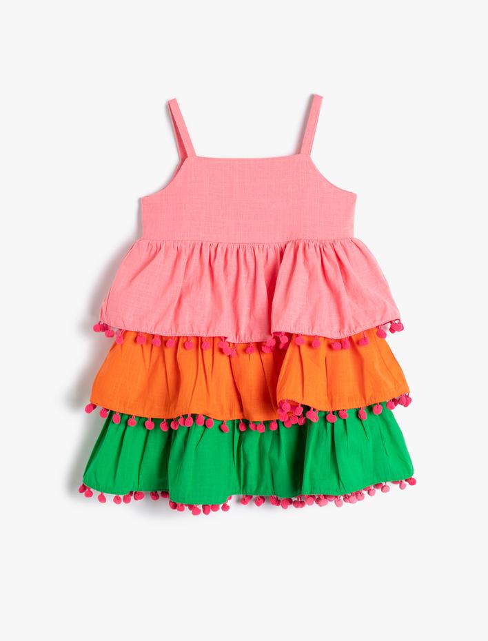 Kız Bebek Parti Elbisesi Renk Bloklu Katlı Askılı Ponpon Detaylı Pamuklu