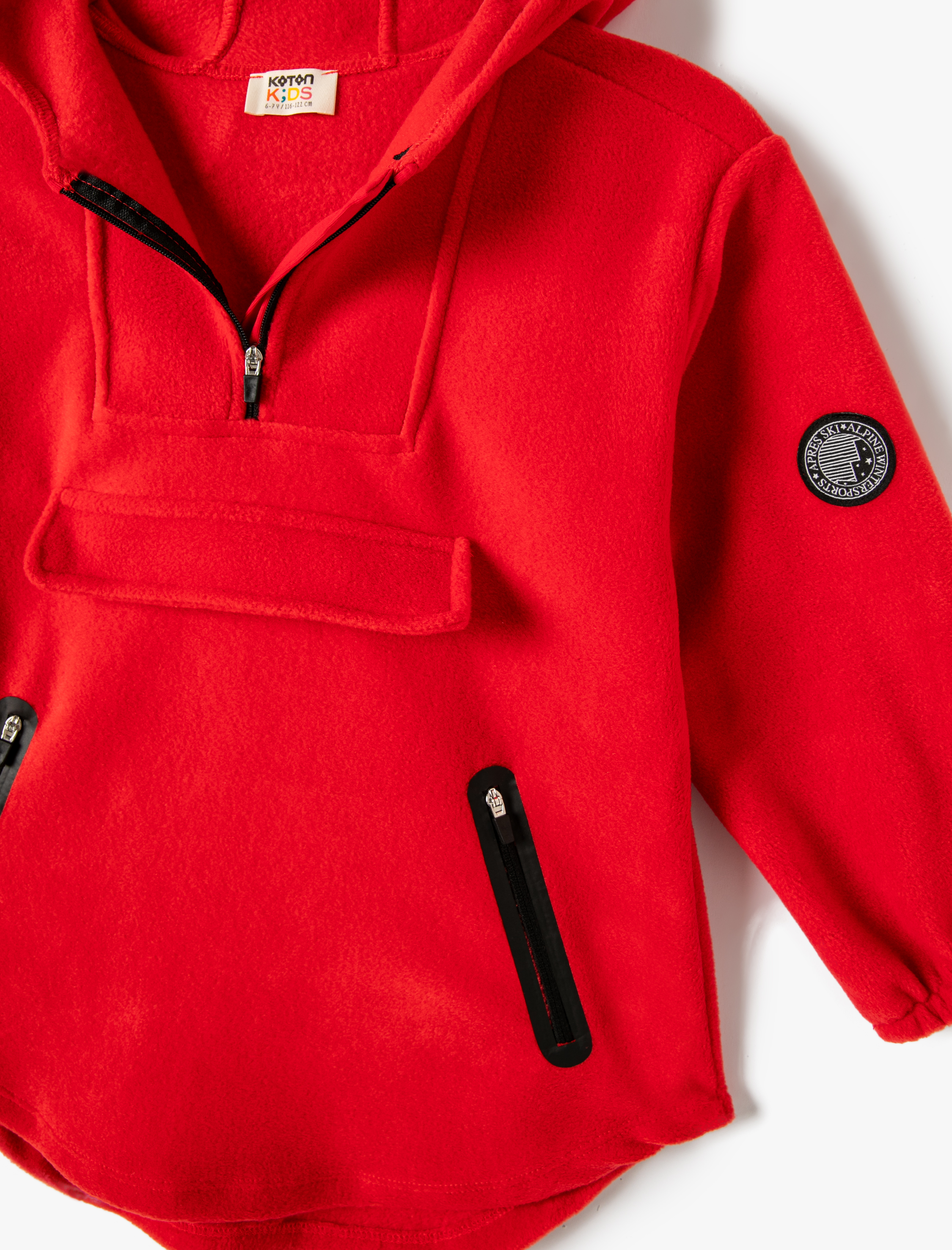  Kız Çocuk Kapşonlu Polar Sweatshirt Yarım Fermuarlı Cepli Aplikeli