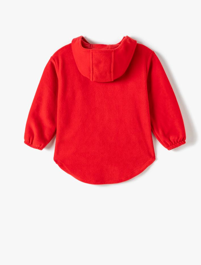 Kız Çocuk Kapşonlu Polar Sweatshirt Yarım Fermuarlı Cepli Aplikeli