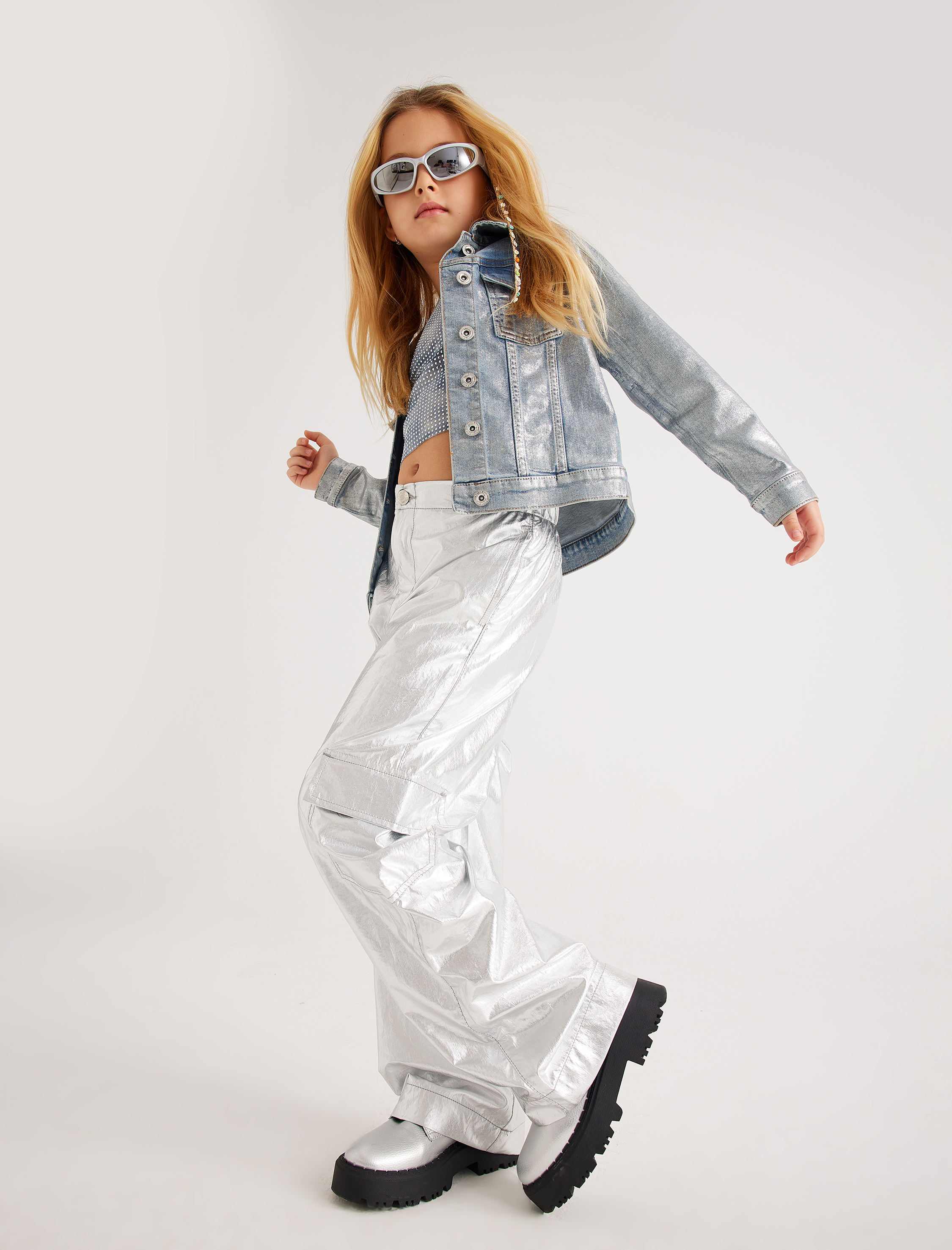  Kız Çocuk Crop Kot Ceket Metalik Parlak