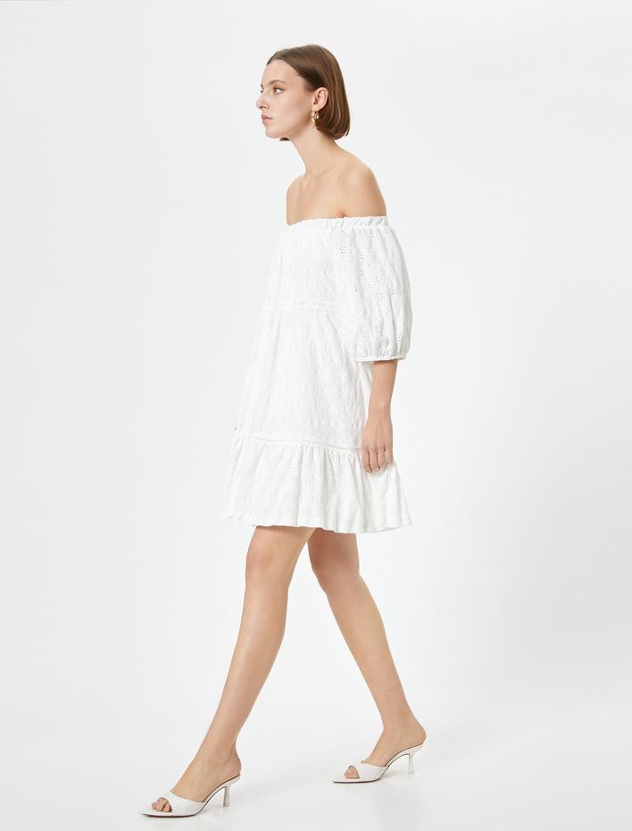  Omzu Açık Elbise Mini Balon Kollu Volanlı