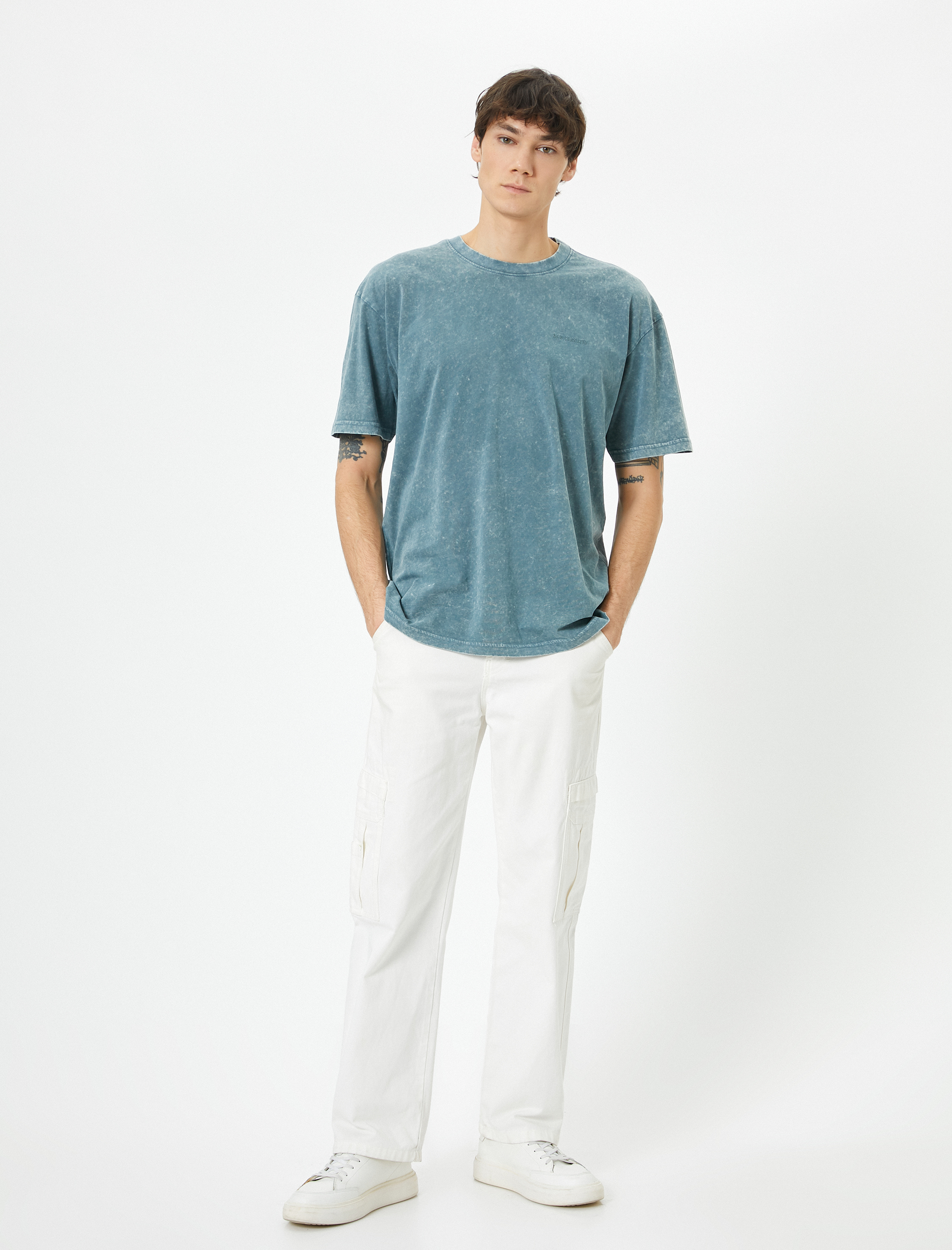   Yıkamalı Tişört Slogan İşlemeli Bisiklet Yaka Kısa Kollu Pamuklu