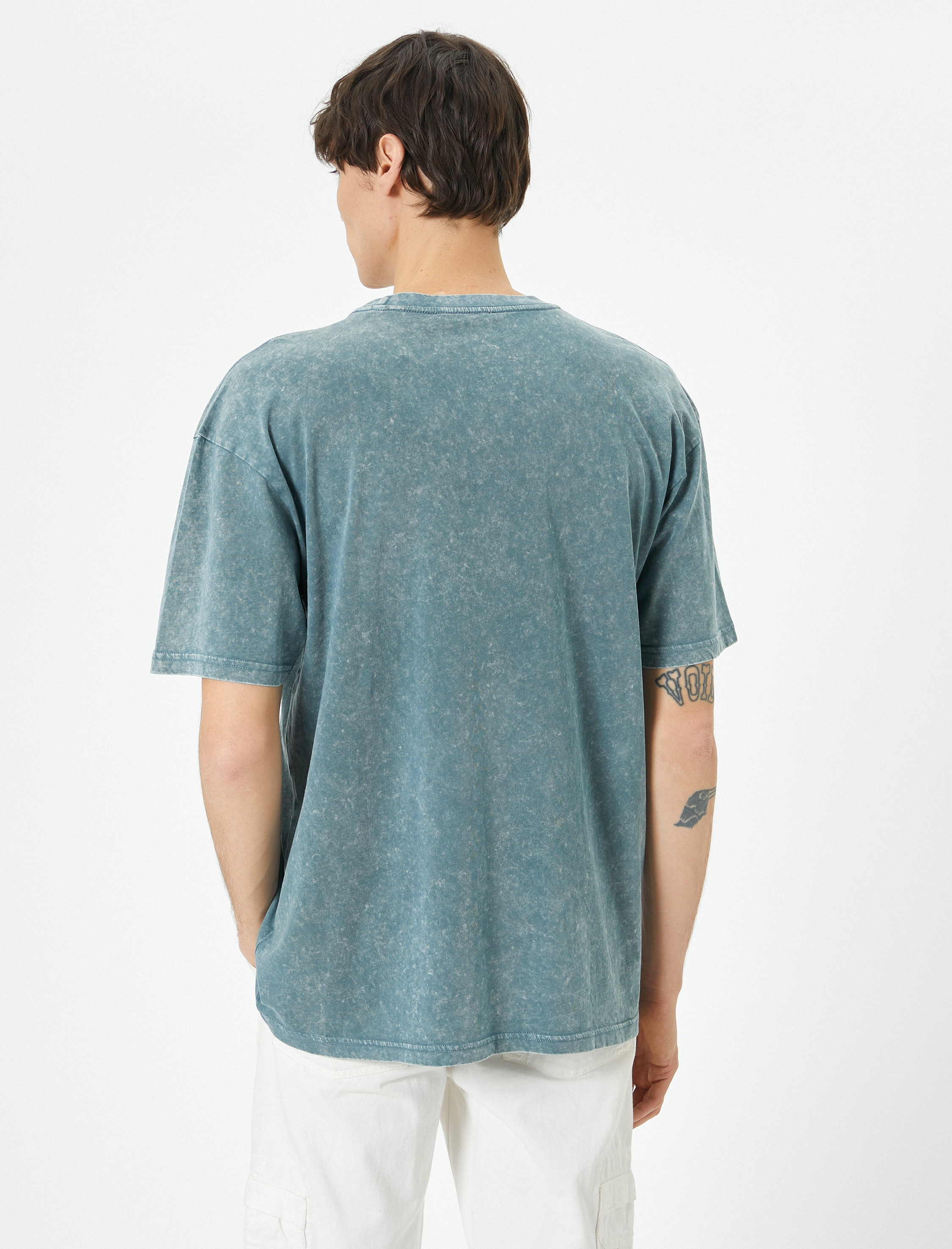   Yıkamalı Tişört Slogan İşlemeli Bisiklet Yaka Kısa Kollu Pamuklu