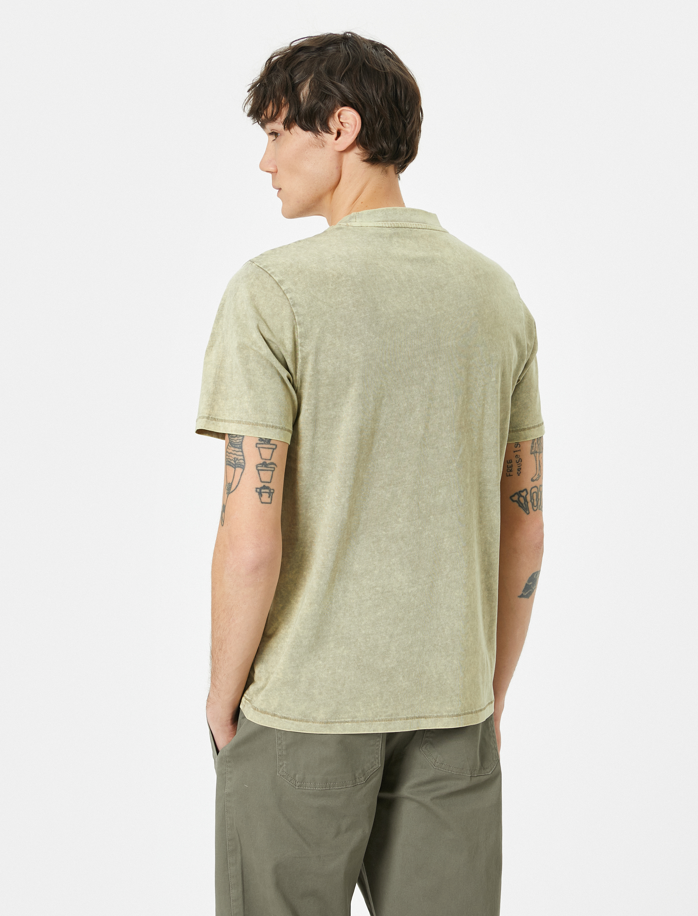   Yıkamalı Tişört Slogan İşlemeli Bisiklet Yaka Kısa Kollu Pamuklu