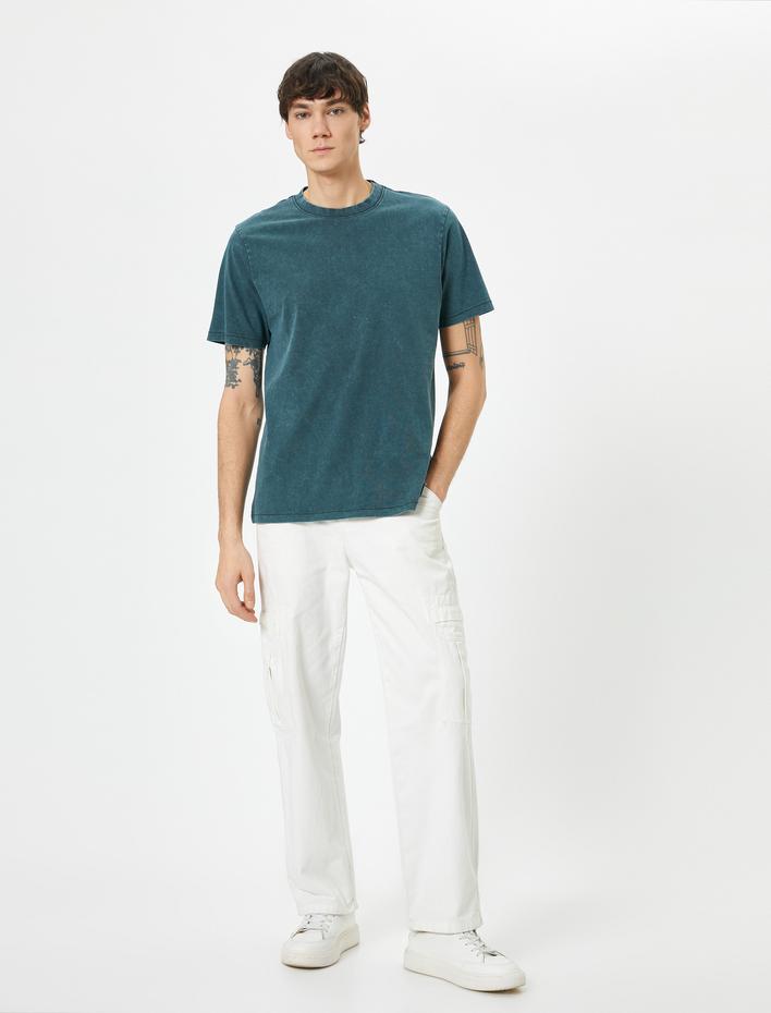  Yıkamalı Tişört Slogan İşlemeli Bisiklet Yaka Kısa Kollu Pamuklu