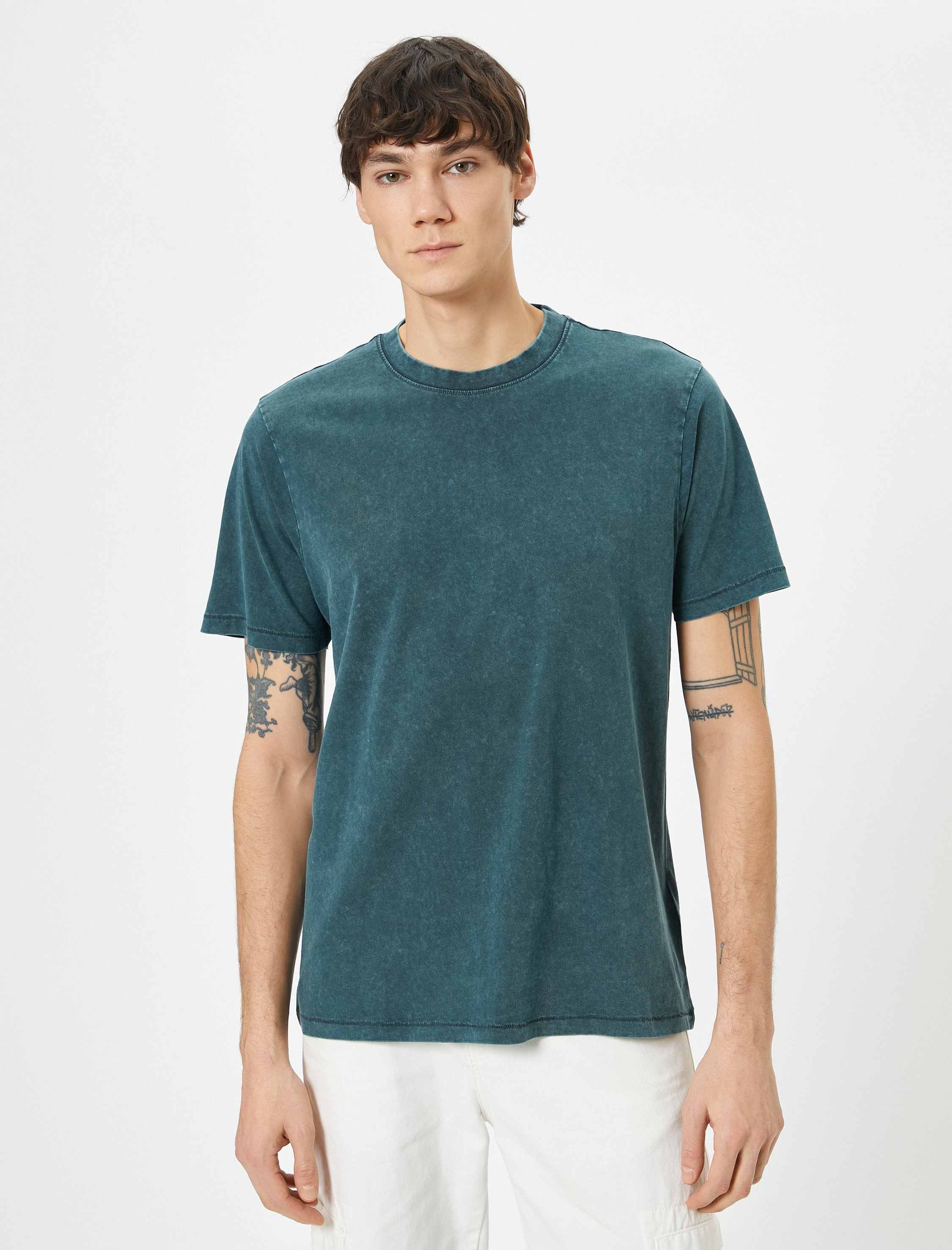   Yıkamalı Tişört Slogan İşlemeli Bisiklet Yaka Kısa Kollu Pamuklu