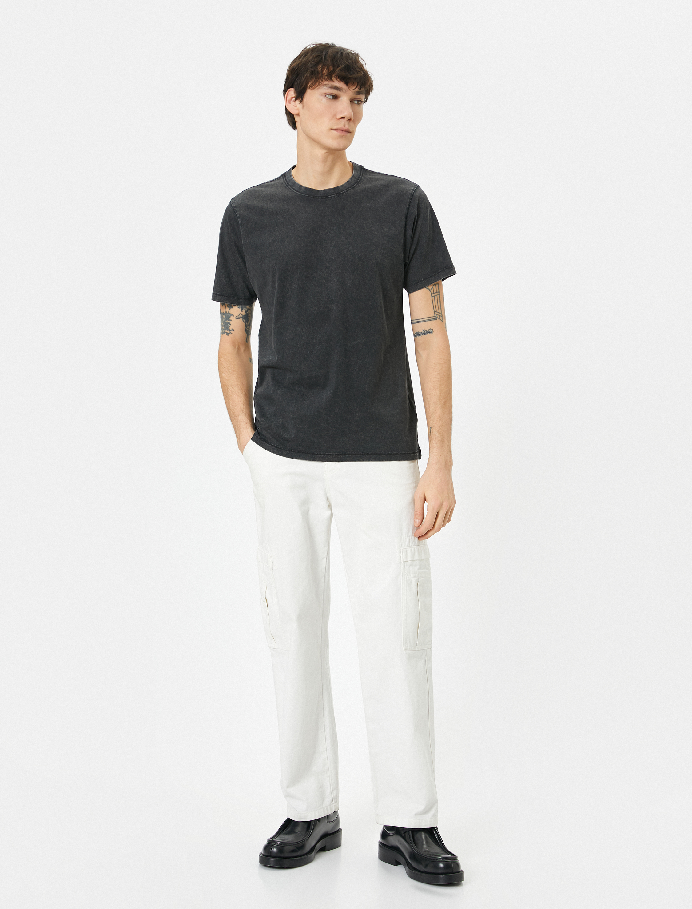   Yıkamalı Tişört Slogan İşlemeli Bisiklet Yaka Kısa Kollu Pamuklu