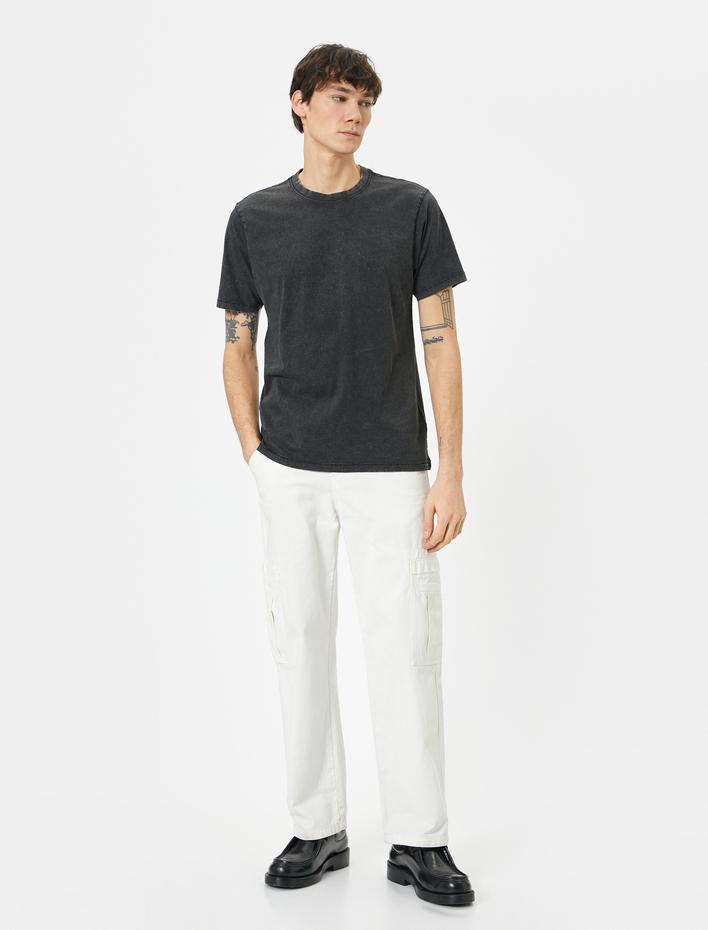  Yıkamalı Tişört Slogan İşlemeli Bisiklet Yaka Kısa Kollu Pamuklu