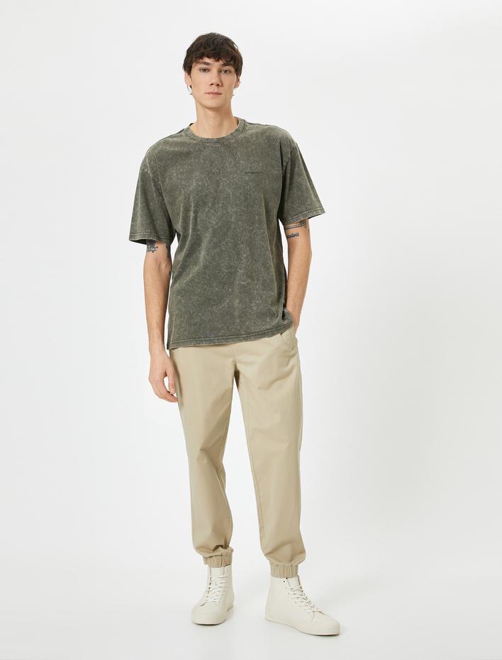  Yıkamalı Tişört Slogan İşlemeli Bisiklet Yaka Kısa Kollu Pamuklu