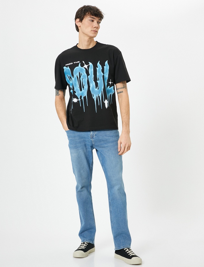  Oversize Tişört Slogan Baskılı Bisiklet Yaka Kısa Kollu